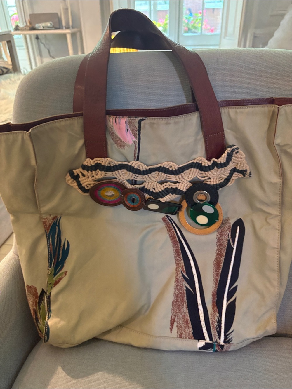 Marni Beige Canvas Tote with Feather Motif and Brown Handles